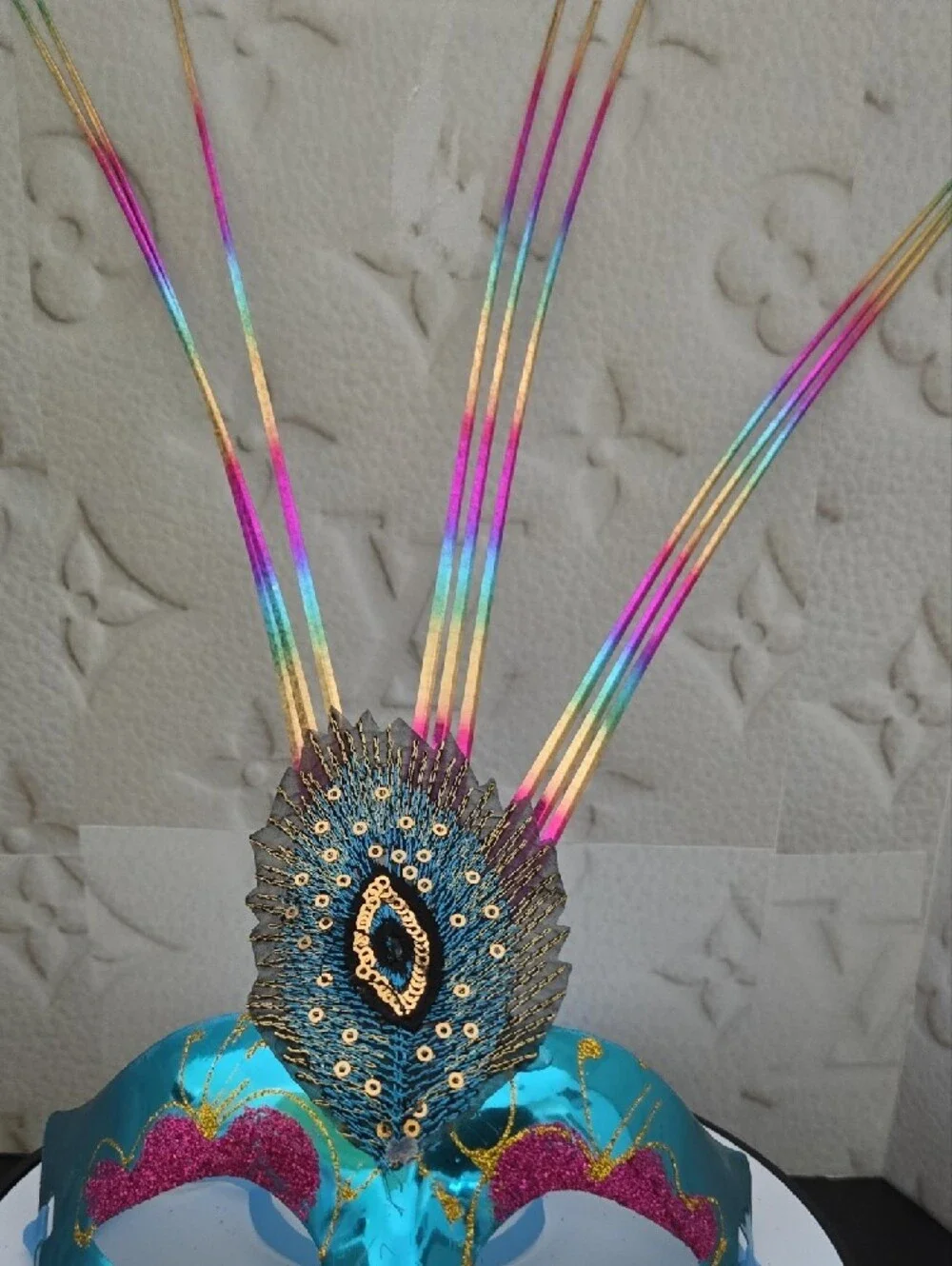 Teal Peacock Feather Carnival Mask with Rainbow Plumes